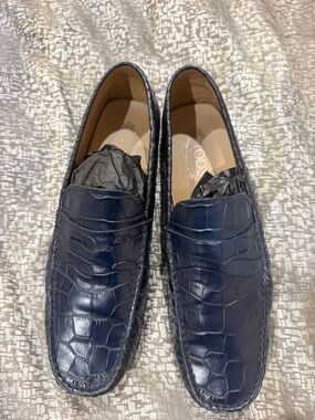 Tod's Navy Croc-Embossed Leather Penny Loafers